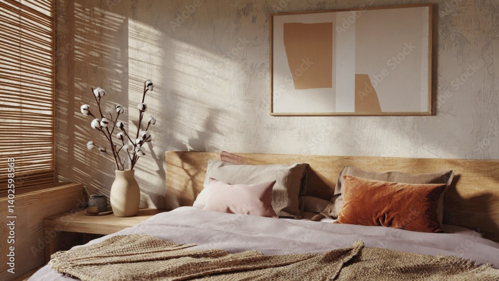 A well-lit, modern bedroom interior with minimalist design elements, a blond wooden headboard and footboard, a white shade floor lamp, and a neutral color palette.