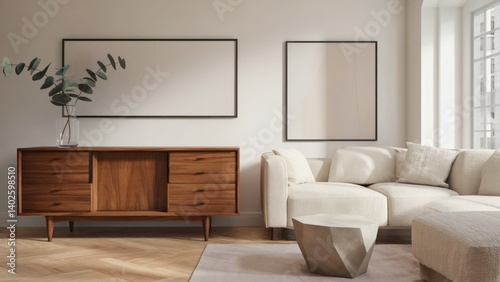 Obraz na płótnie Spacious, sunlit living area with modern furniture and decor. Includes a comfortable couch, stylish shelving, and a sleek storage unit. w salonie