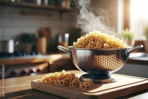 Fototapeta Naklejka Na Ścianę i Meble -  a steaming colander filled with freshly cooked pasta