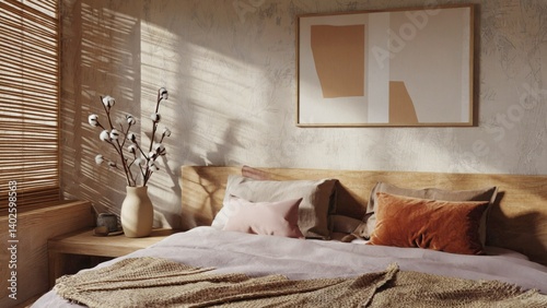 Obraz na płótnie A well-lit, modern bedroom interior with minimalist design elements, a blond wooden headboard and footboard, a white shade floor lamp, and a neutral color palette. w salonie