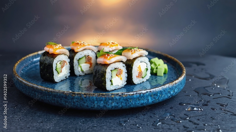 The plate features a delightful assortment of sushi pieces, each meticulously crafted to showcase the fresh fish and vegetables used in their preparation.