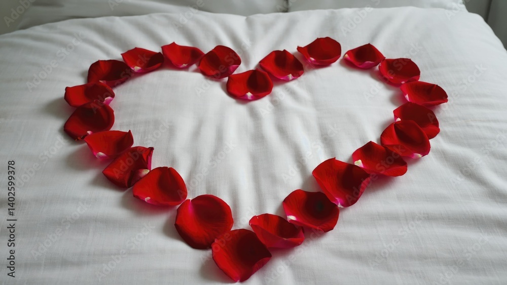 Romantic red rose petals forming heart shape on white bed sheet.