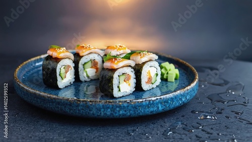 Obraz na płótnie The plate features a delightful assortment of sushi pieces, each meticulously crafted to showcase the fresh fish and vegetables used in their preparation. w salonie