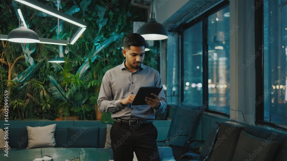 A young man working on a tablet in a modern office, dressed professionally.