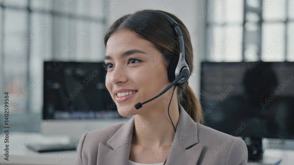 Woman in headset working on call center desk.