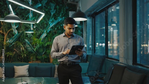 Obraz na płótnie A young man working on a tablet in a modern office, dressed professionally. w salonie