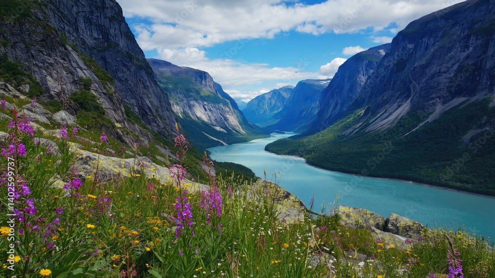 A breathtaking high-angle view of a Norwegian fjord valley with lush greenery and vibrant purple flowers.