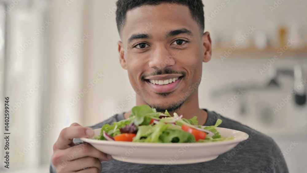 A man holding a plate of fresh salad, smiling towards the camera.