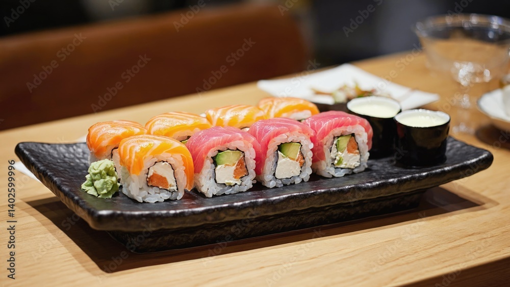 Colorful sushi rolls neatly arranged