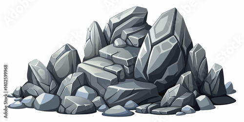 Pile of grey stone. Rock cartoon. Cobble stone game objects. Boulder, stones and rocks element, isometric 3d flat style. 2d rock asset. Mountain grey stones. Vector grey rock stone, isolated on white 