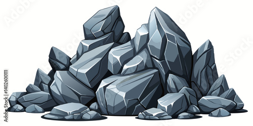 Pile of grey stone. Rock cartoon. Cobble stone game objects. Boulder, stones and rocks element, isometric 3d flat style. 2d rock asset. Mountain grey stones. Vector grey rock stone, isolated on white 