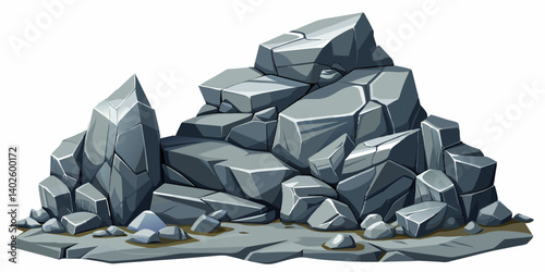 Pile of grey stone. Rock cartoon. Cobble stone game objects. Boulder, stones and rocks element, isometric 3d flat style. 2d rock asset. Mountain grey stones. Vector grey rock stone, isolated on white 