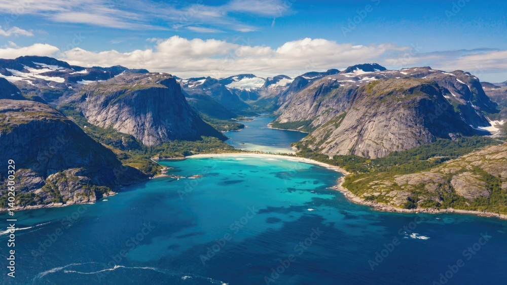 A serene view of an inlet in a mountainous area, surrounded by lush green forests and clear blue waters.