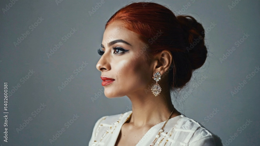 Red-headed female with makeup, jewelry and formal attire against neutral background.