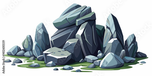 Pile of grey stone. Rock cartoon. Cobble stone game objects. Boulder, stones and rocks element, isometric 3d flat style. 2d rock asset. Mountain grey stones. Vector grey rock stone, isolated on white 