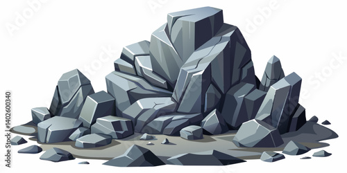 Pile of grey stone. Rock cartoon. Cobble stone game objects. Boulder, stones and rocks element, isometric 3d flat style. 2d rock asset. Mountain grey stones. Vector grey rock stone, isolated on white 