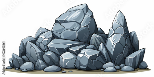 Pile of grey stone. Rock cartoon. Cobble stone game objects. Boulder, stones and rocks element, isometric 3d flat style. 2d rock asset. Mountain grey stones. Vector grey rock stone, isolated on white 
