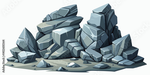 Pile of grey stone. Rock cartoon. Cobble stone game objects. Boulder, stones and rocks element, isometric 3d flat style. 2d rock asset. Mountain grey stones. Vector grey rock stone, isolated on white 