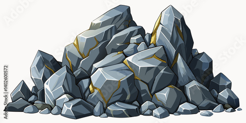 Pile of grey stone. Rock cartoon. Cobble stone game objects. Boulder, stones and rocks element, isometric 3d flat style. 2d rock asset. Mountain grey stones. Vector grey rock stone, isolated on white 