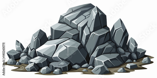 Pile of grey stone. Rock cartoon. Cobble stone game objects. Boulder, stones and rocks element, isometric 3d flat style. 2d rock asset. Mountain grey stones. Vector grey rock stone, isolated on white 