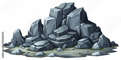 Pile of grey stone. Rock cartoon. Cobble stone game objects. Boulder, stones and rocks element, isometric 3d flat style. 2d rock asset. Mountain grey stones. Vector grey rock stone, isolated on white 