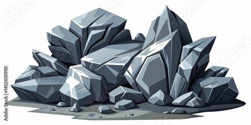 Pile of grey stone. Rock cartoon. Cobble stone game objects. Boulder, stones and rocks element, isometric 3d flat style. 2d rock asset. Mountain grey stones. Vector grey rock stone, isolated on white 