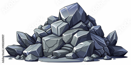 Pile of grey stone. Rock cartoon. Cobble stone game objects. Boulder, stones and rocks element, isometric 3d flat style. 2d rock asset. Mountain grey stones. Vector grey rock stone, isolated on white 