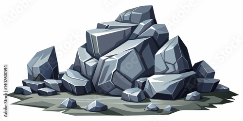 Pile of grey stone. Rock cartoon. Cobble stone game objects. Boulder, stones and rocks element, isometric 3d flat style. 2d rock asset. Mountain grey stones. Vector grey rock stone, isolated on white 