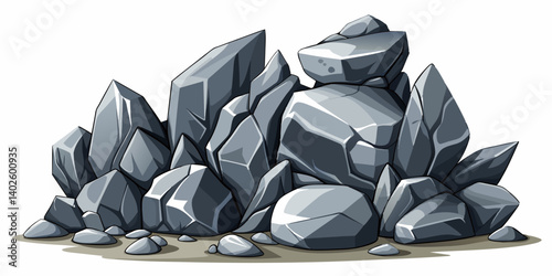 Pile of grey stone. Rock cartoon. Cobble stone game objects. Boulder, stones and rocks element, isometric 3d flat style. 2d rock asset. Mountain grey stones. Vector grey rock stone, isolated on white 