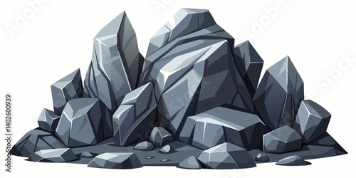 Pile of grey stone. Rock cartoon. Cobble stone game objects. Boulder, stones and rocks element, isometric 3d flat style. 2d rock asset. Mountain grey stones. Vector grey rock stone, isolated on white 