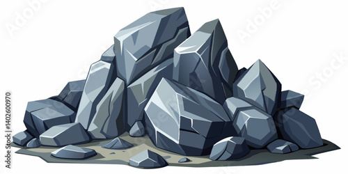 Pile of grey stone. Rock cartoon. Cobble stone game objects. Boulder, stones and rocks element, isometric 3d flat style. 2d rock asset. Mountain grey stones. Vector grey rock stone, isolated on white 