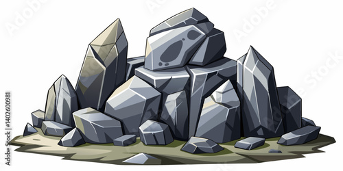 Pile of grey stone. Rock cartoon. Cobble stone game objects. Boulder, stones and rocks element, isometric 3d flat style. 2d rock asset. Mountain grey stones. Vector grey rock stone, isolated on white 