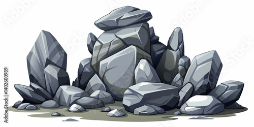 Pile of grey stone. Rock cartoon. Cobble stone game objects. Boulder, stones and rocks element, isometric 3d flat style. 2d rock asset. Mountain grey stones. Vector grey rock stone, isolated on white 