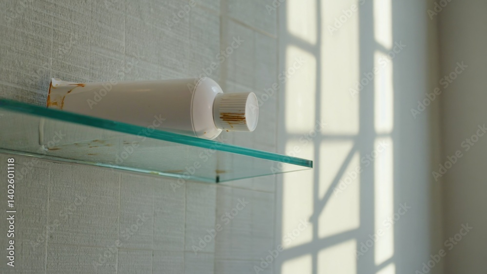 Bathroom accessory on a glass wall-mounted shelf. Showerhead behind the soap dispenser.