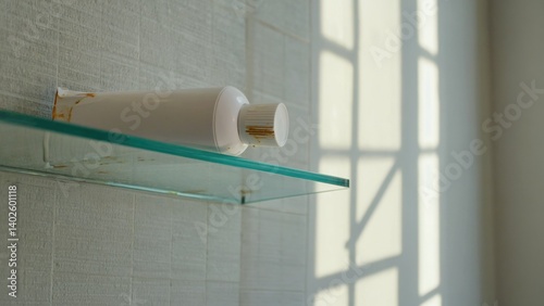 Obraz na płótnie Bathroom accessory on a glass wall-mounted shelf. Showerhead behind the soap dispenser. w salonie
