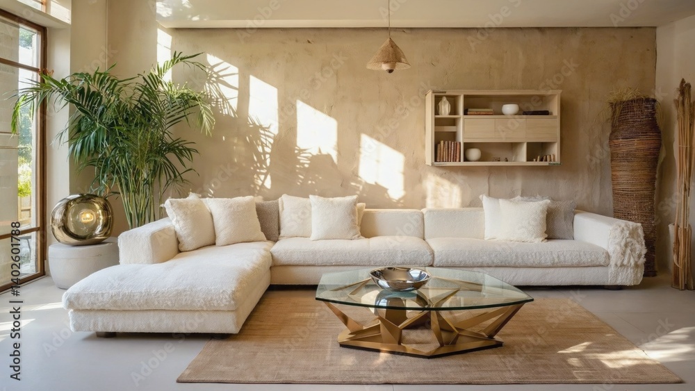 This modern living room is bathed in natural light, making it feel open and airy. The white sofa and sleek furniture give the space a contemporary look.