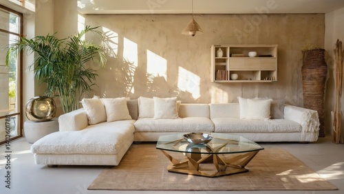 Obraz na płótnie This modern living room is bathed in natural light, making it feel open and airy. The white sofa and sleek furniture give the space a contemporary look. w salonie