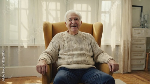 Elderly man with white hair smiling and relaxed, wearing warm sweater indoors.