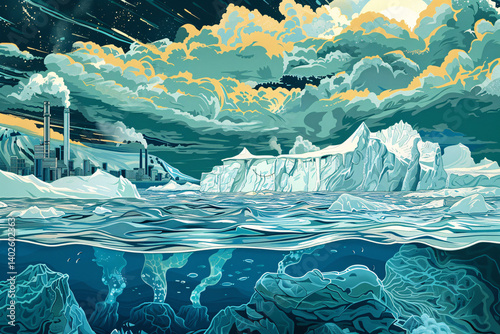 Illustrations showcasing melting ice caps, rising sea levels, deforestation, polluted oceans, and the urgent need for global action to address climate change and protect the planet