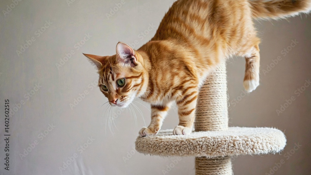 A playful kitten climbing a cat toy indoors, showing curiosity and agility.