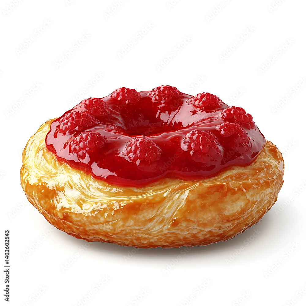 Obraz premium A freshly baked raspberry filled donut with a golden, soft dough, powdered sugar coating