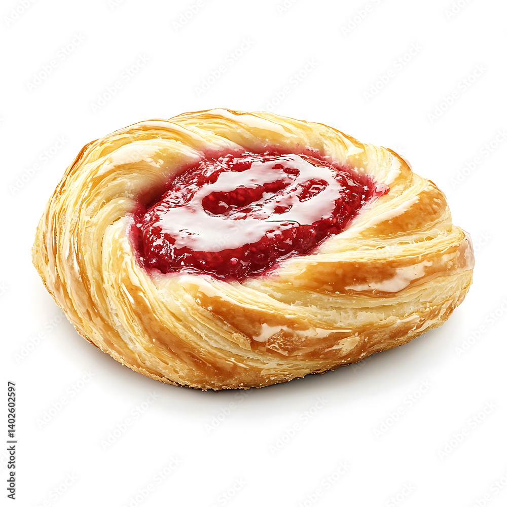 Fototapeta premium A freshly baked raspberry filled donut with a golden, soft dough, powdered sugar coating
