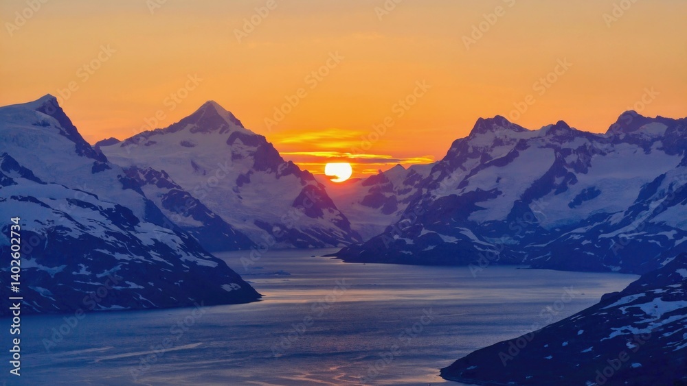 A tranquil sunset scene with mountain peaks and a body of water.