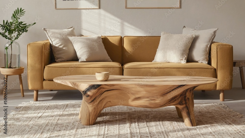 Yellow couch, wood coffee table, minimalist decor, sunlight streaming through window.