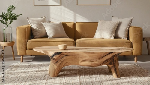 Obraz na płótnie Yellow couch, wood coffee table, minimalist decor, sunlight streaming through window. w salonie