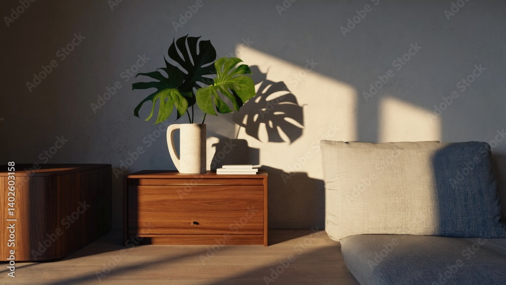 A warm and inviting modern living room interior, featuring wooden furniture, a plant decoration on a shelf, comfortable couches and minimalist design elements.