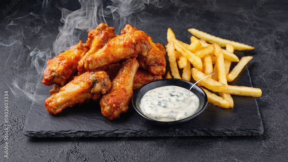 Close-up of delicious buffalo wings served with a side of fries and ranch dipping sauce.