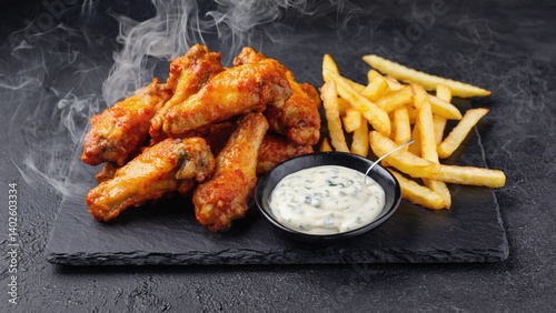 Obraz na płótnie Close-up of delicious buffalo wings served with a side of fries and ranch dipping sauce. w salonie
