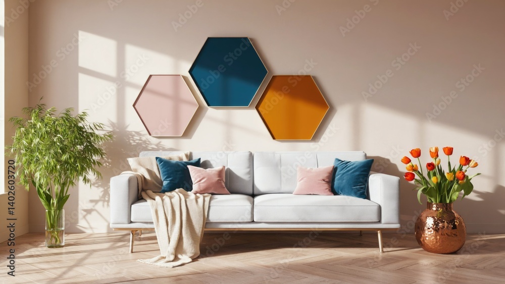 Vibrant modern living room with geometric artwork, sunlight streaming in. A minimalist space with textured walls and decorative pillows on a contemporary sofa.