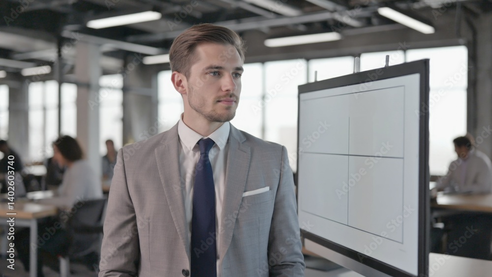 A confident young professional in a suit at a presentation